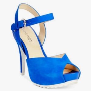 Nine West Ratical Nubuck Blue Peep Toe Platform Heel